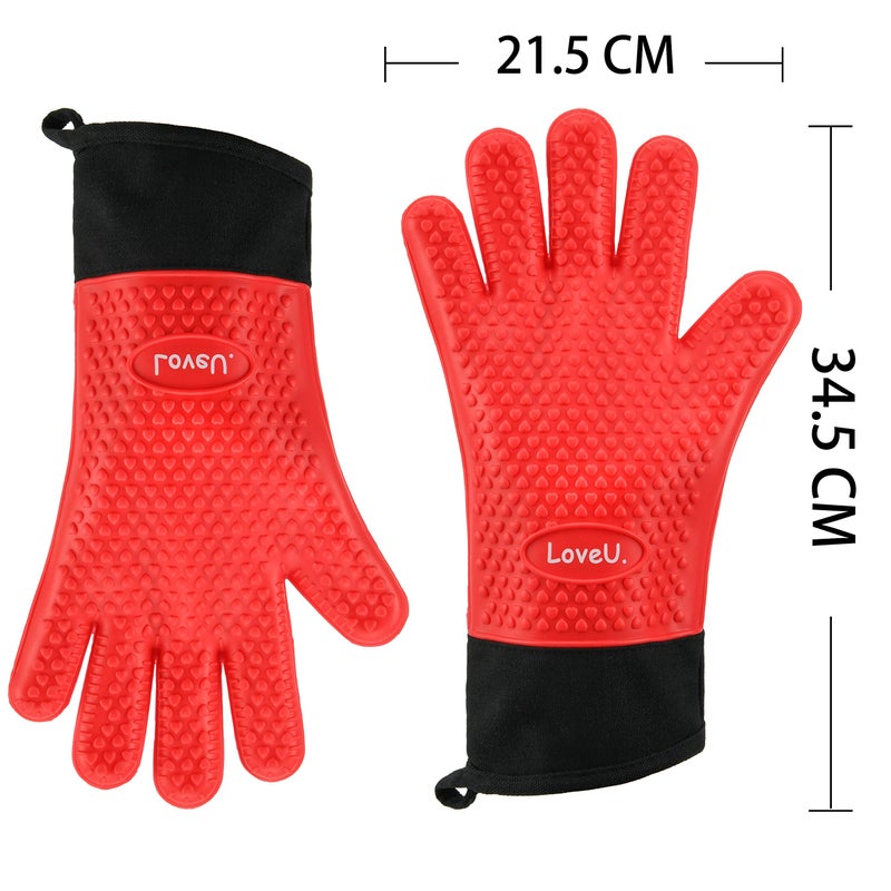 Loveuing Kitchen Oven Gloves - Dual-Layer Heat Resistant Grilling Gloves, Silicone Oven Mitts with 5 Fingers, Waterproof Non-Slip Pot Holder for Barbecue, Cooking, Baking (Red, Long) - Image 2